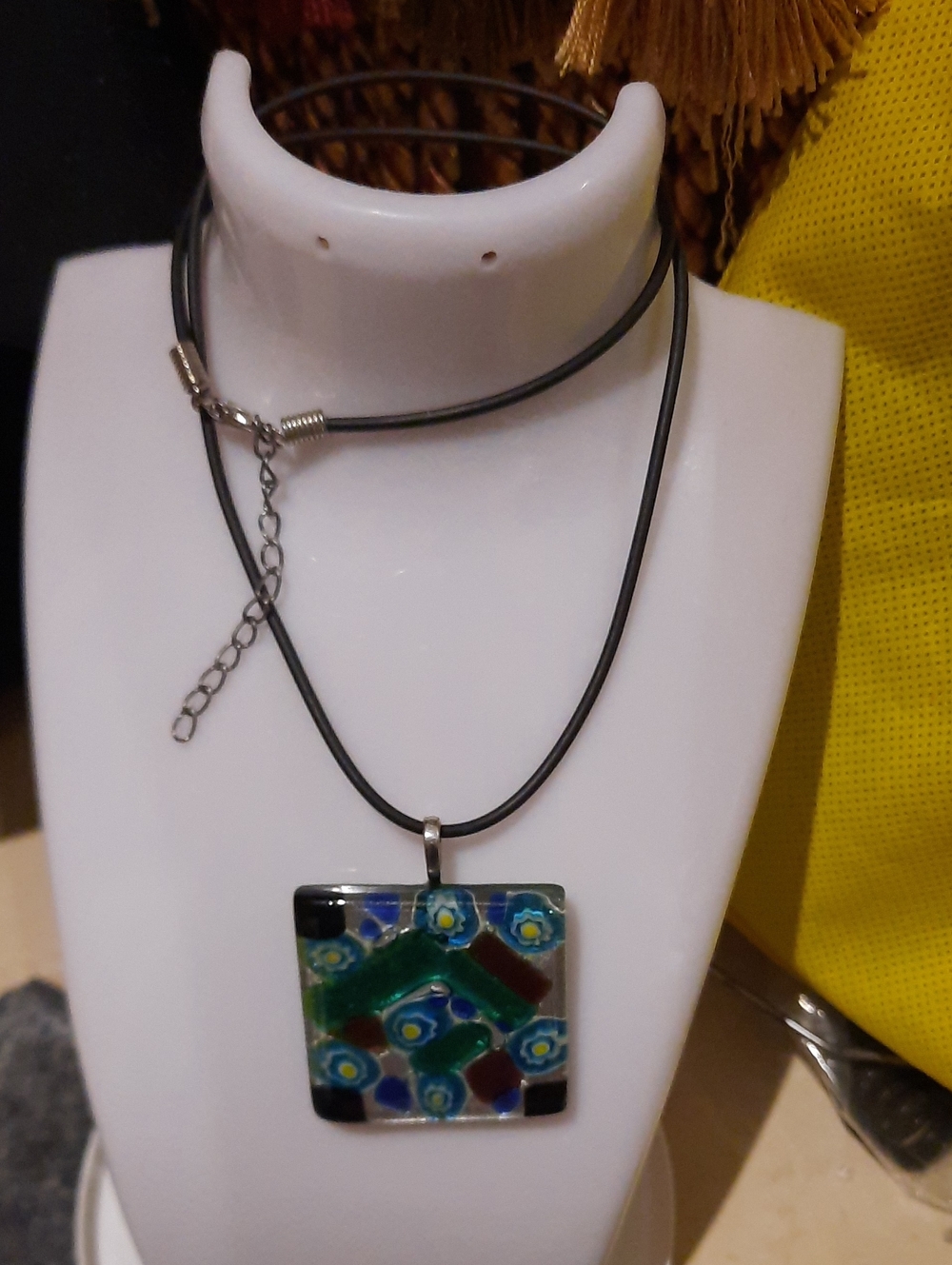 Artisan Handcrafted Floral Glass Pendant Necklace in Green Blue Black Cord